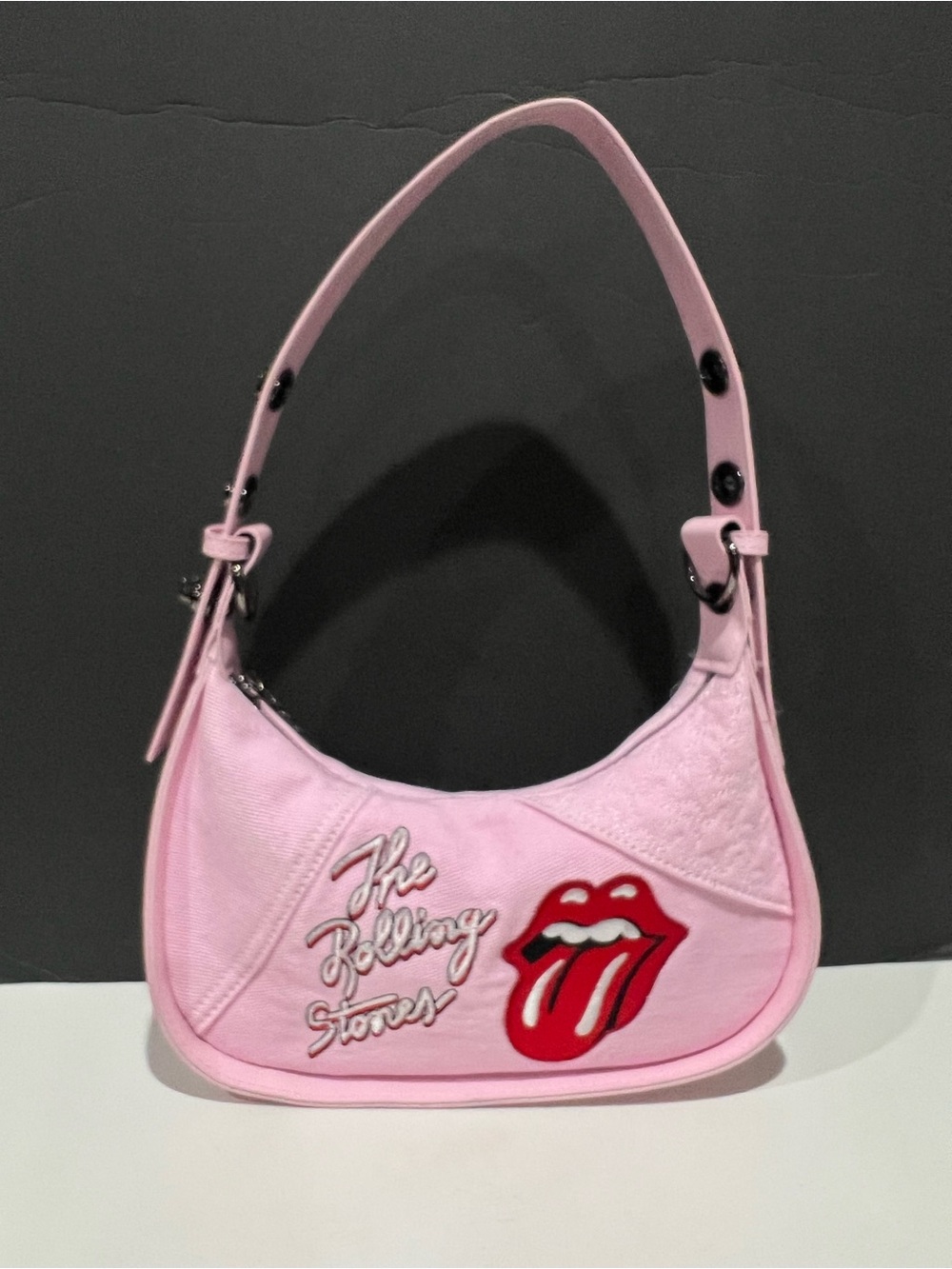 The Rolling Stones Tongue Logo Mini Hobo Bag in Pink Denim NWT